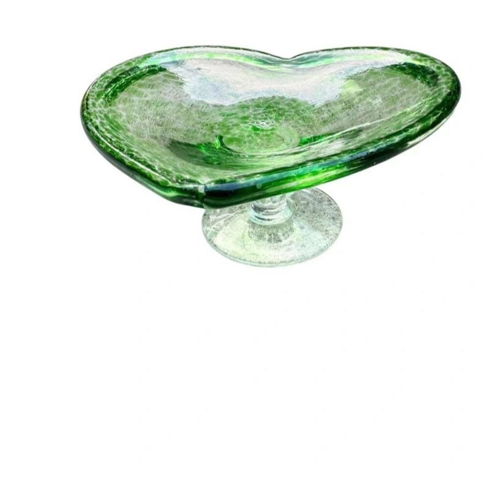 Romantic Y2K Fairycore Green Crackle Glass Heart Pedestal Dish